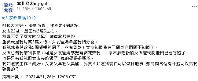 30K男被女友爸媽嫌窮　被要求分手開大絕：我有5間房