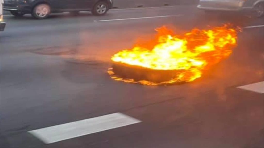 國1三義段聯結車疑爆胎起火「火輪胎」噴飛對向車道幸無人車遭波及