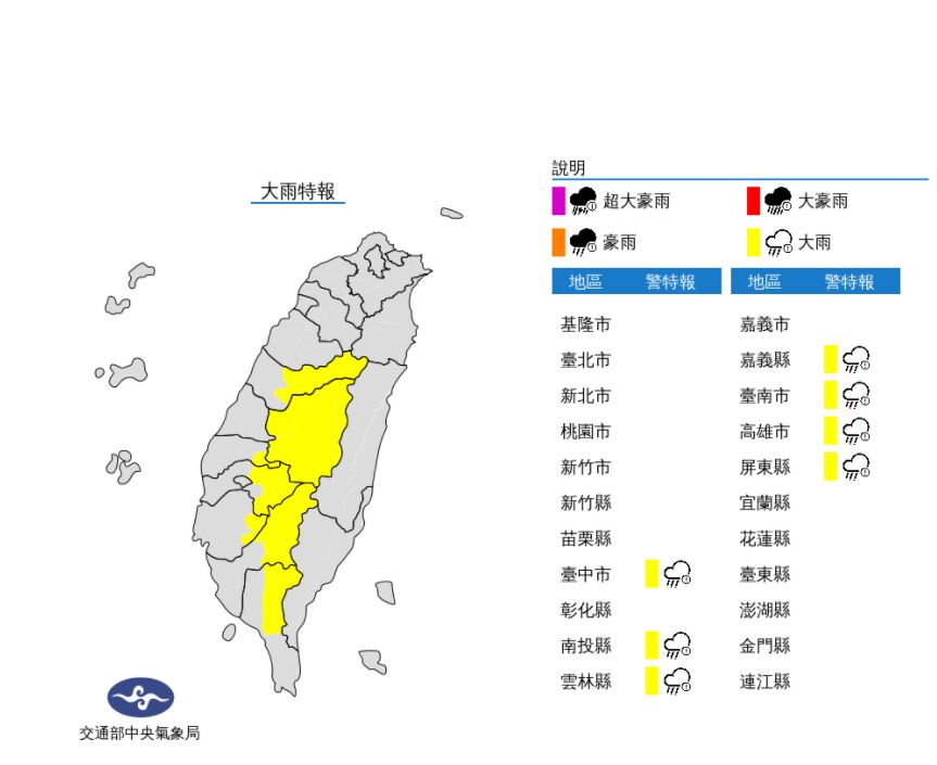 快新聞／中南部7縣市大雨特報！ 需慎防雷擊及強陣風