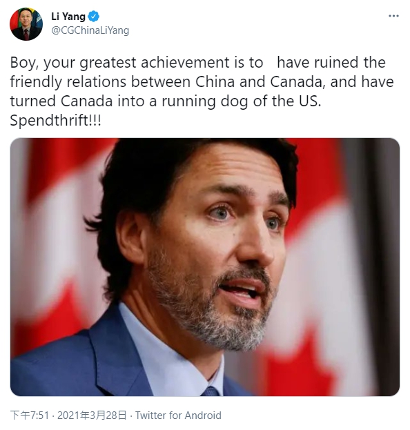 誇張！加拿大總理挺新疆人權　中國外交官推特怒嗆：走狗、敗家子