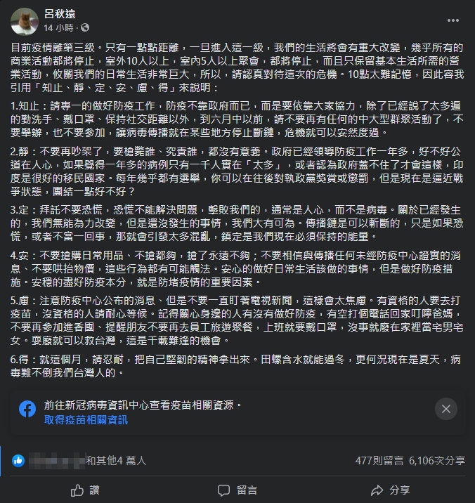 防疫國人一心!呂秋遠列「6項防疫指南」 4萬網友力挺:照做就對了
