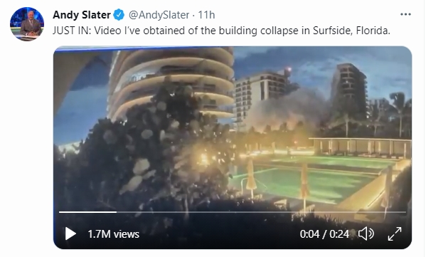 倒塌瞬間影片曝光！邁阿密12層大廈突崩　造成1死99失聯